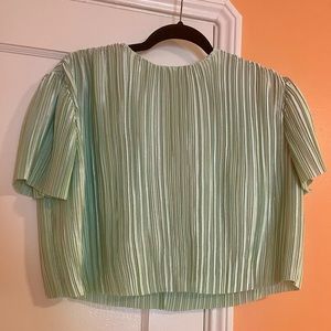 TIBI plisse pleated crop top. Seafoam green.
